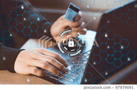 Man works with finances, using app on his laptop. Man works with finances, using app on his laptop. 97979091