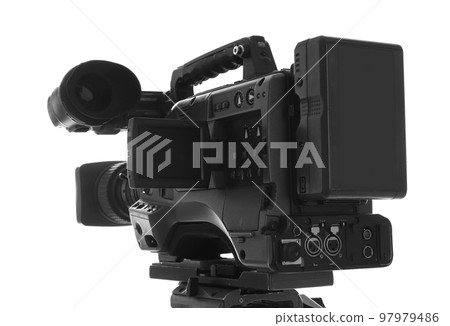 Modern professional video camera isolated on white, closeup Modern professional video camera isolated on white, closeup 97979486
