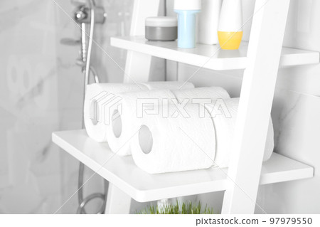 Toilet paper rolls on shelving unit in bathroom 97979550