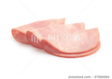 Slices of tasty fresh ham isolated on white 97980066