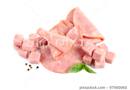 Tasty fresh ham with basil and pepper isolated on white, above view Tasty fresh ham with basil and pepper isolated on white, above view 97980068