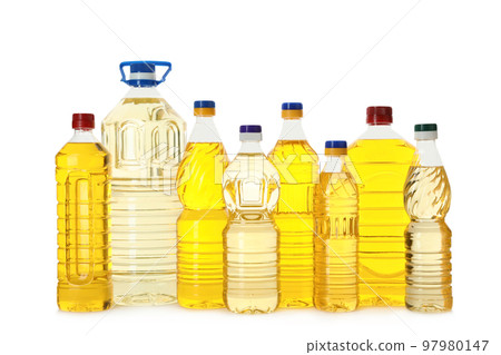 Cooking oil in different bottles isolated on white 97980147