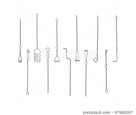 Set of logopedic probes on white background, top view. Speech therapist's tools Set of logopedic probes on white background, top view. Speech therapist's tools 97980267