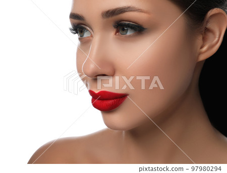 Woman with red lipstick on white background, closeup 97980294
