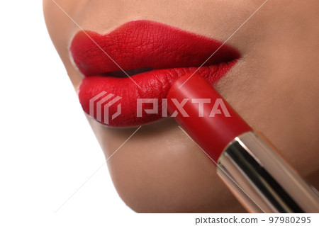 Woman with red lipstick on white background, closeup Woman with red lipstick on white background, closeup 97980295