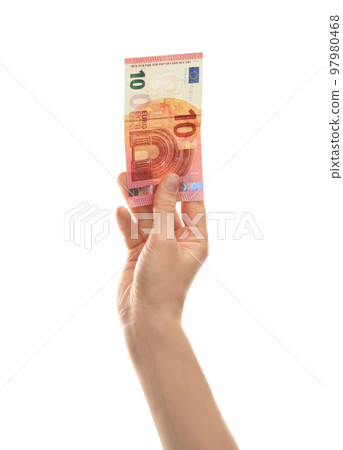 Woman with euro banknote on white background, closeup. Money and finance 97980468