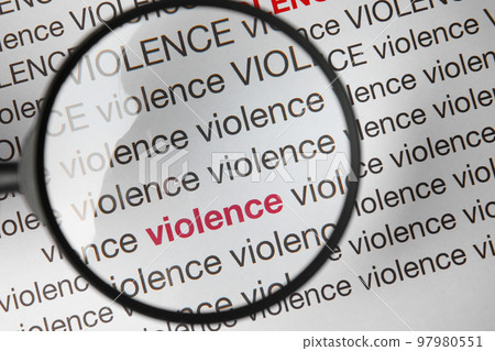Word VIOLENCE under magnifying glass on white background, top view Word VIOLENCE under magnifying glass on white background, top view 97980551
