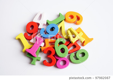 Number wood block cubes for learning Mathematic, education math concept. 97982087