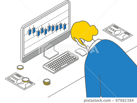 Isometric _ Simple _ Female trader saddened by falling stock prices 97982384
