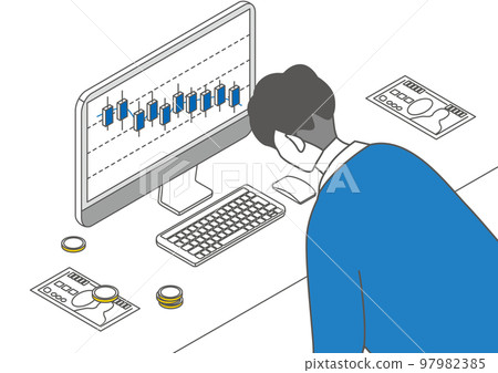 Isometric _ Simple _ Male trader saddened by falling stock prices 97982385