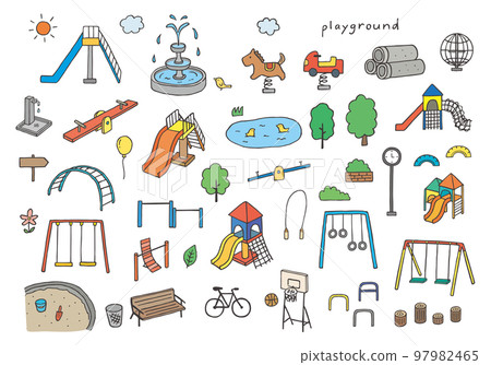 Hand-drawn illustration set of park playground equipment (color) 97982465
