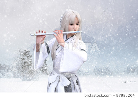 A woman in an attractive white costume playing a flute against a backdrop of a snowy landscape A woman in an attractive white costume playing a flute against a backdrop of a snowy landscape 97983204