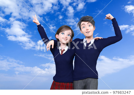 好朋友的男女高中生在藍天的背景下擺出肩膀姿勢 97983247