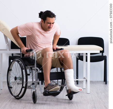 Young injured man waiting for his turn in hospital hall Young injured man waiting for his turn in hospital hall 97983300