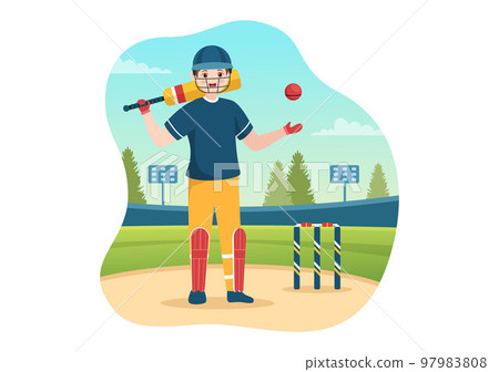 Batsman Playing Cricket Sport Illustration with Bat and Balls in the Field for Championship in Flat Cartoon Hand Drawn Templates 97983808