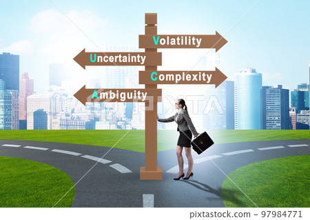 Businesswoman at the crossroads at VUCA concept Businesswoman at the crossroads at VUCA concept 97984771