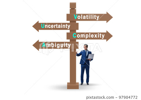 Businessman at the crossroads at VUCA concept Businessman at the crossroads at VUCA concept 97984772