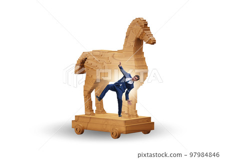 Businessman and trojan horse in trap concept Businessman and trojan horse in trap concept 97984846