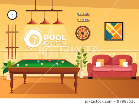 Billiards Game Illustration with Player Pool Room with Stick, Table and Billiard Balls in Sports Club in Flat Cartoon Hand Drawn Templates Billiards Game Illustration with Player Pool Room with Stick, Table and Billiard Balls in Sports Club in Flat Cartoon Hand Drawn Templates 97985523