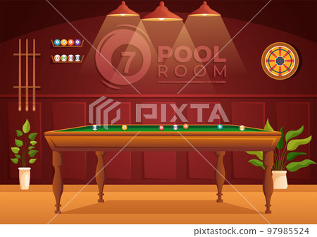 Billiards Game Illustration with Player Pool Room with Stick, Table and Billiard Balls in Sports Club in Flat Cartoon Hand Drawn Templates 97985524