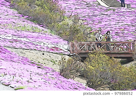 Pastel style "Couple sightseeing in Shibazakura Takinoue Park" Illustration image 97986052