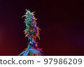 Marijuana Cannabis Bud Flower in colored light. Cannabis Bud multicolored. Banner with medicinal hemp.  97986209