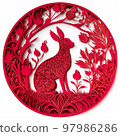 Red traditional chinese designs with rabbits on white background 97986286