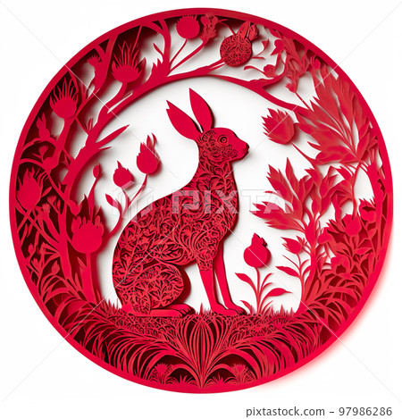 Red traditional chinese designs with rabbits on white background Red traditional chinese designs with rabbits on white background 97986286