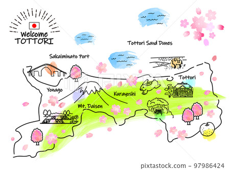 春季鳥取縣旅遊景點簡單線描插圖圖 97986424