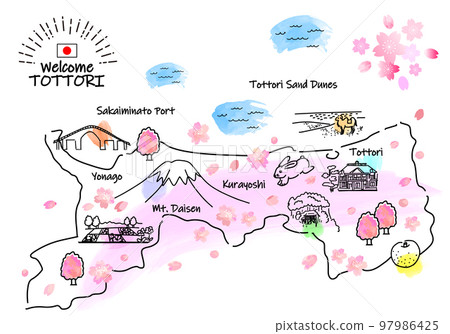 春季鳥取縣旅遊景點的簡單線描插圖地圖（粉紅色） 97986425