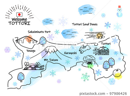 冬季鳥取縣觀光景點的簡單線描插圖圖 97986426
