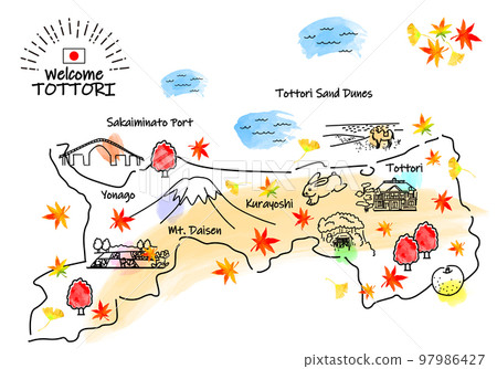 鳥取縣秋季旅遊景點簡單線描插圖圖 97986427