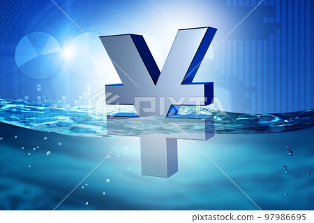 Concept of japanese yen sinking in the sea - 3d rendering Concept of japanese yen sinking in the sea - 3d rendering 97986695