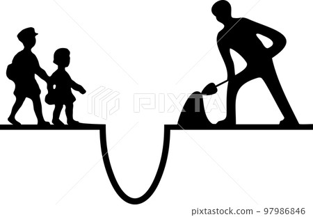 警告標誌道路施工在建孔危險人兒童鏟鏟剪影 警告標誌道路施工在建孔危險人兒童鏟鏟剪影 97986846