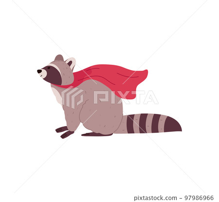 Cute smiling raccoon in crimson cloak side view flat style 97986966