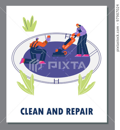 Pool repair and cleaning service banner with handymen, flat vector illustration. 97987024