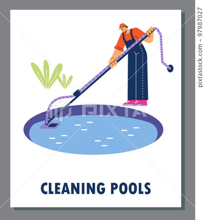 Cleaning pools service operation banner or card design flat vector illustration. 97987027