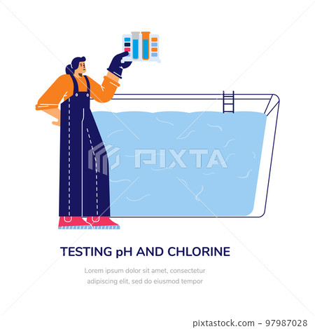 Testing water PH and chlorine level for swimming pool, flat vector illustration. 97987028