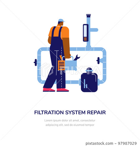 Swimming pool filtration system repair banner flat vector illustration isolated. 97987029