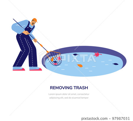 Removing trash of pool operation with worker with net, flat vector illustration. 97987031