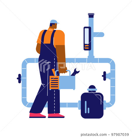 Handyman or repairman maintaining pool filtration system, vector isolated. 97987039