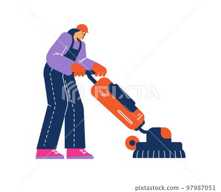 Cleaning worker with vacuum flat cartoon vector illustration isolated on white. 97987051