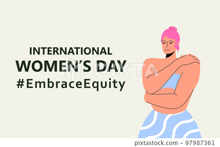 International Womens Day. IWD. 8 march. Campaign 2023 theme Hashtag EmraceEquity. Embrace Equity. Beautiful pink hair woman hugs herself. Womens rights. International Womens Day. IWD. 8 march. Campaign 2023 theme Hashtag EmraceEquity. Embrace Equity. Beautiful pink hair woman hugs herself. Womens rights. 97987361