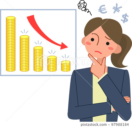 Businesswoman looking anxiously at a falling money graph 97988184