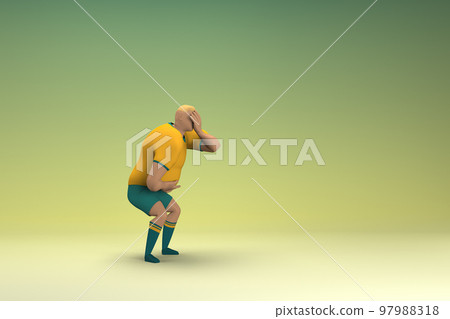 An athlete wearing a yellow shirt and green pants. He is sad or in pain. 3d rendering of cartoon character in acting. 97988318