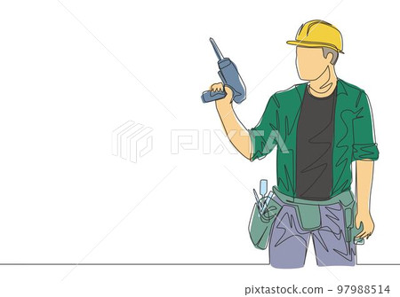 One single line drawing of young handyman wearing uniform while holding drill machine. Repairman construction maintenance service concept. Continuous line draw design illustration One single line drawing of young handyman wearing uniform while holding drill machine. Repairman construction maintenance service concept. Continuous line draw design illustration 97988514