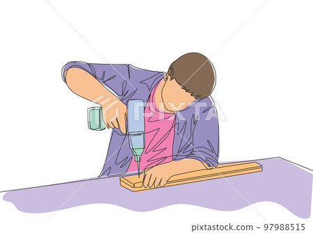 Single continuous line drawing of young carpenter drilling wooden board. Repairman construction maintenance service concept. One line draw design illustration Single continuous line drawing of young carpenter drilling wooden board. Repairman construction maintenance service concept. One line draw design illustration 97988515