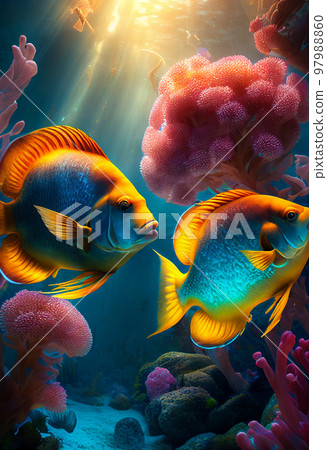 Colorful coral reef and fish. Clean underwater world scene. (Created with Generative AI technology) 97988860