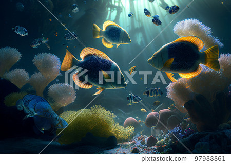 Colorful coral reef and fish. Clean underwater world scene. (Created with Generative AI technology) Colorful coral reef and fish. Clean underwater world scene. (Created with Generative AI technology) 97988861