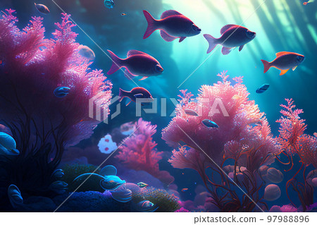 Colorful coral reef and fish. Clean underwater world scene. (Created with Generative AI technology) 97988896